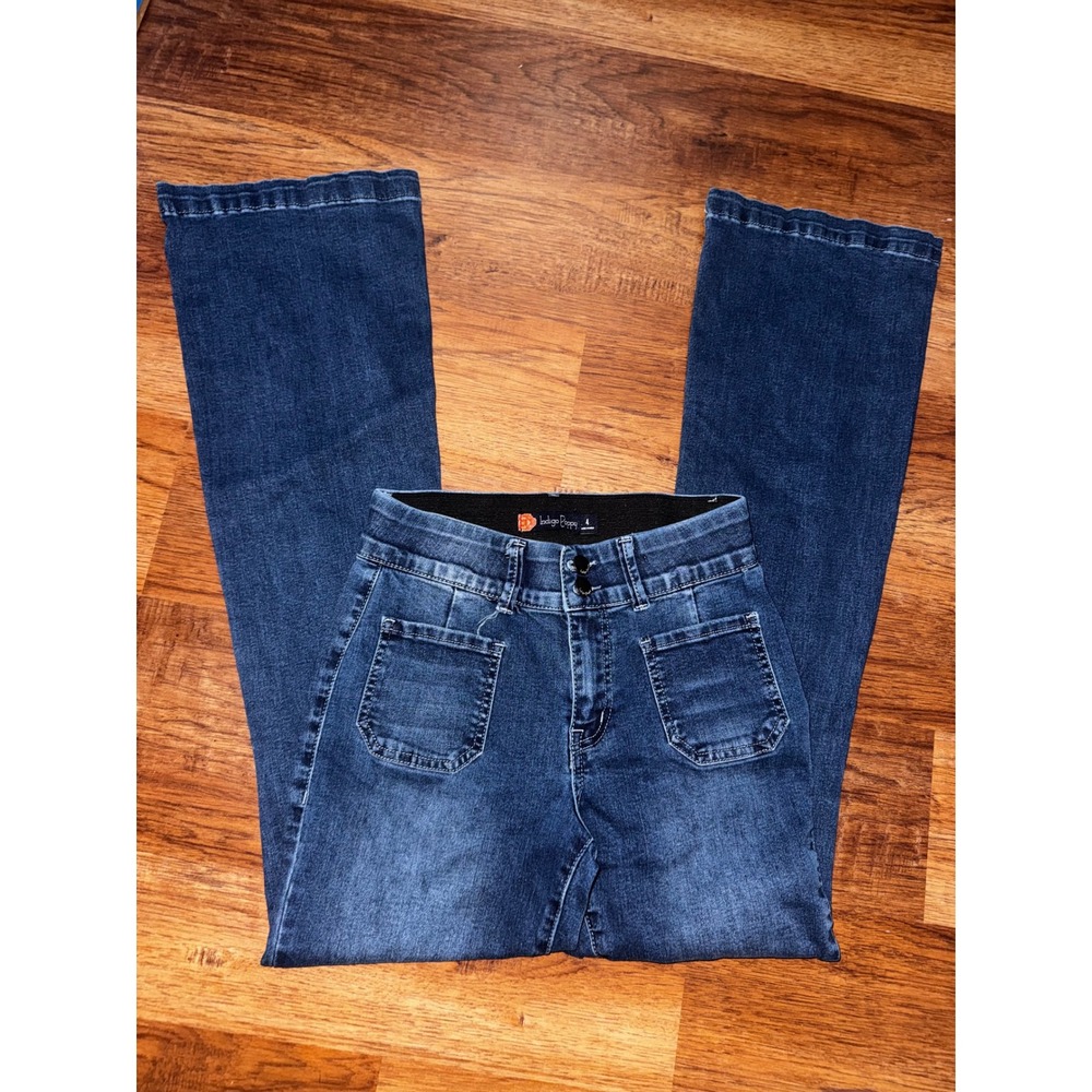 Indigo Poppy Womens High Rise Flare Jeans Dark Wash Patch Pockets Blue Size 4